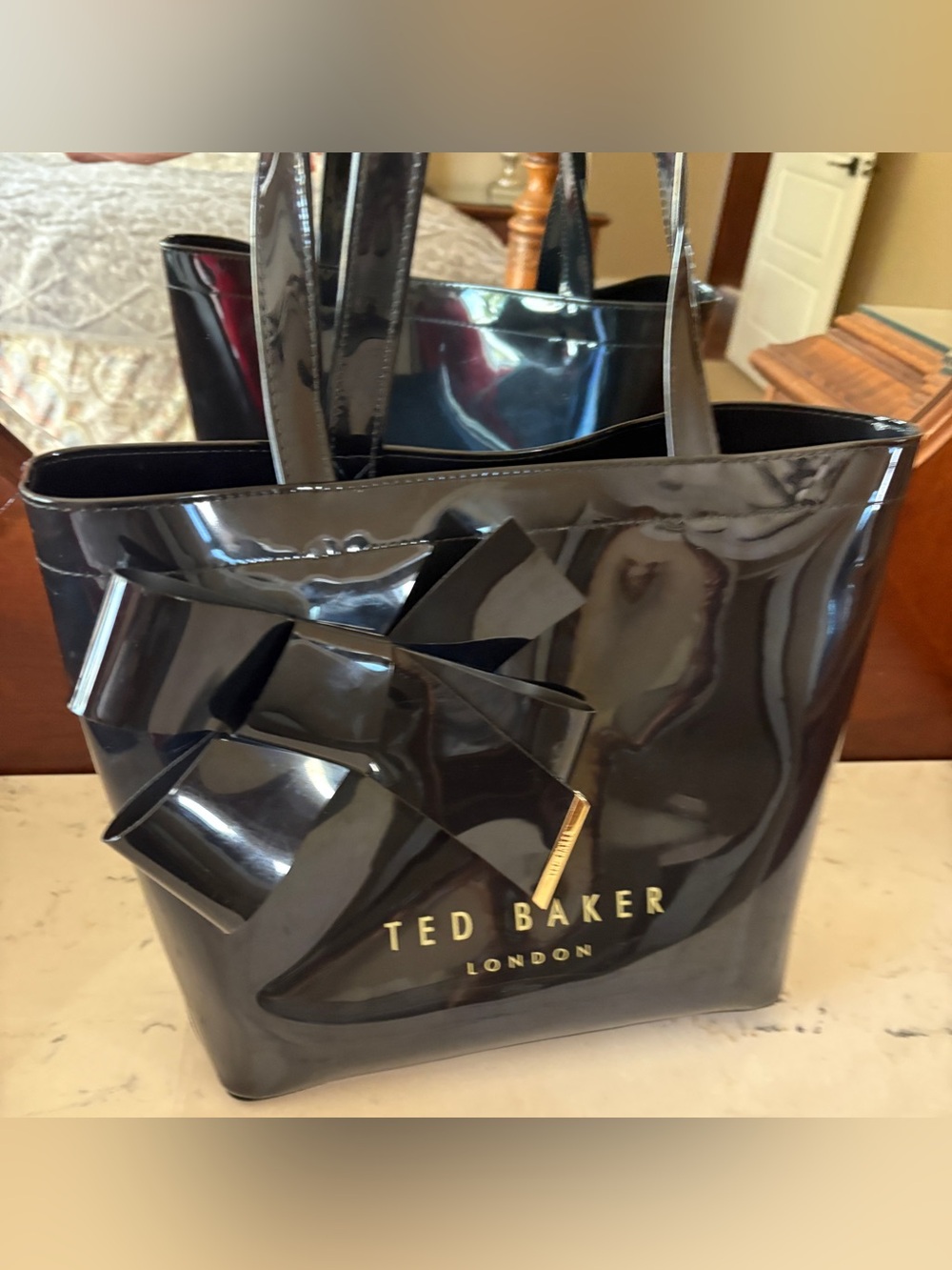 Ted Baker Black Patent Leather Tote Bag Signature Bow Gold Charm